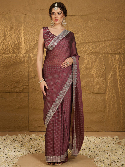 Women's Chiffon Burgundy Embroidered Designer Saree With Blouse Piece