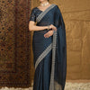 Women's Chiffon Navy Blue Embroidered Designer Saree With Blouse Piece