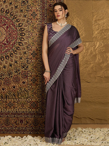 Women's Chiffon Violet Embroidered Designer Saree With Blouse Piece