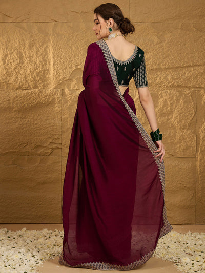 Women's Vichitra Silk Magenta Embroidered Designer Saree With Blouse Piece