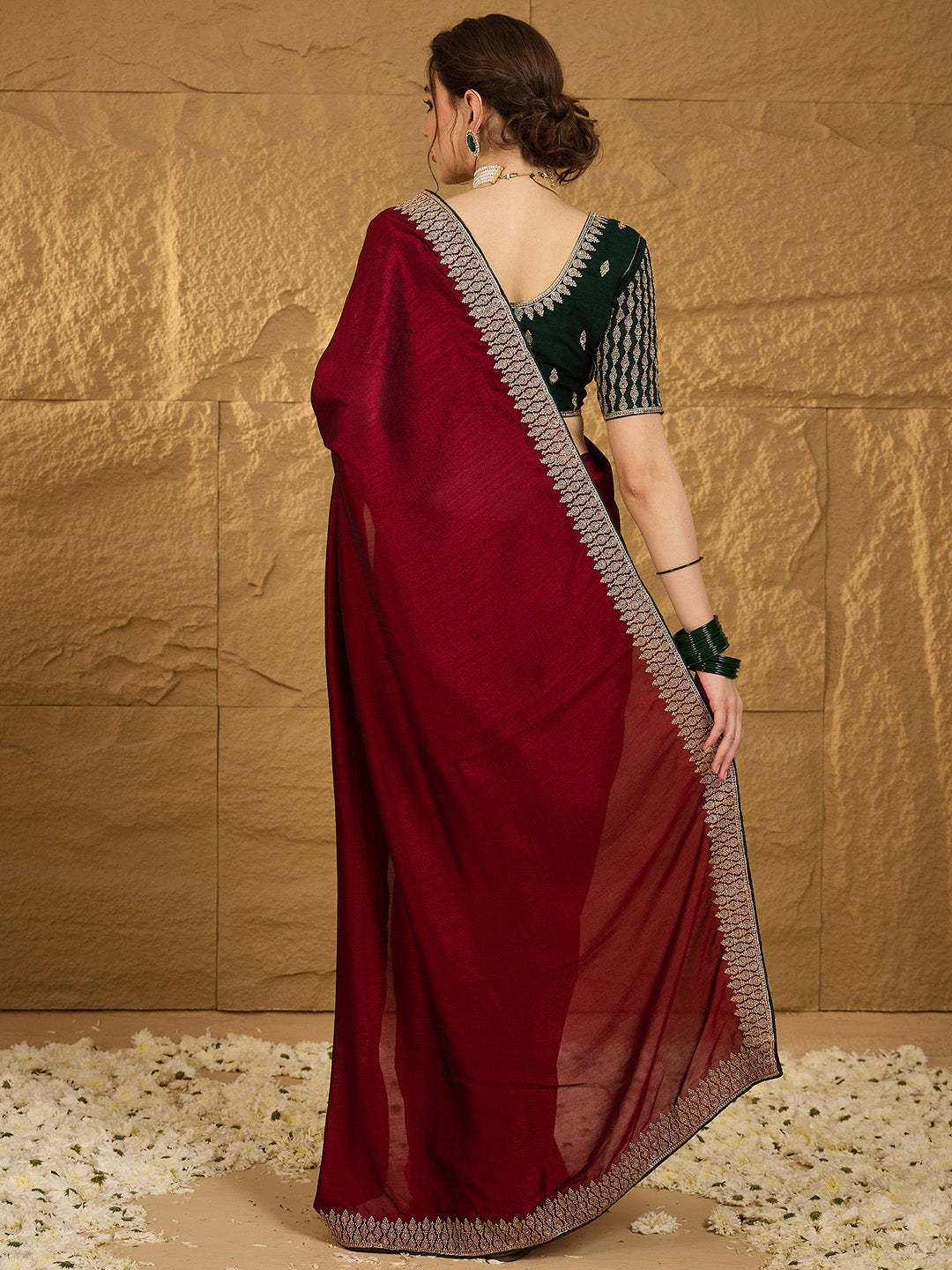 Women's Vichitra Silk Maroon Embroidered Designer Saree With Blouse Piece
