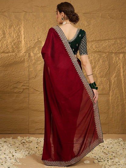 Women's Vichitra Silk Maroon Embroidered Designer Saree With Blouse Piece