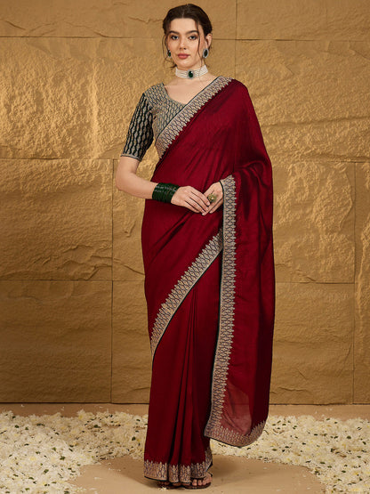 Women's Vichitra Silk Maroon Embroidered Designer Saree With Blouse Piece