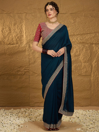 Women's Vichitra Silk Teal blue Embroidered Designer Saree With Blouse Piece