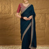 Women's Vichitra Silk Teal blue Embroidered Designer Saree With Blouse Piece