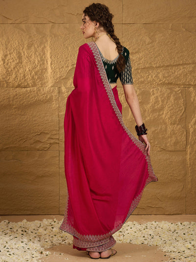 Women's Vichitra Silk Pink Embroidered Designer Saree With Blouse Piece