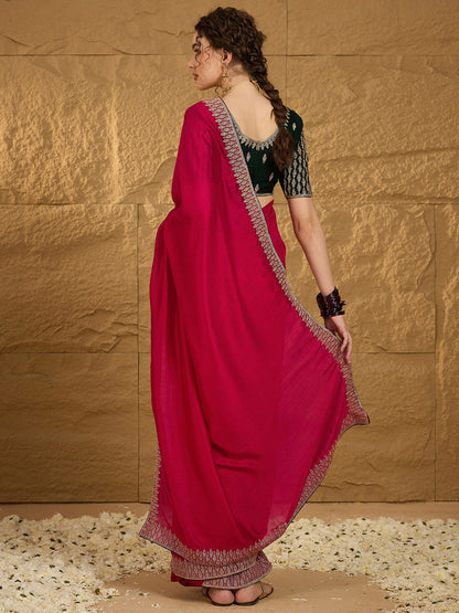 Women's Vichitra Silk Pink Embroidered Designer Saree With Blouse Piece