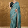 Women's Vichitra Silk Teal blue Embroidered Designer Saree With Blouse Piece