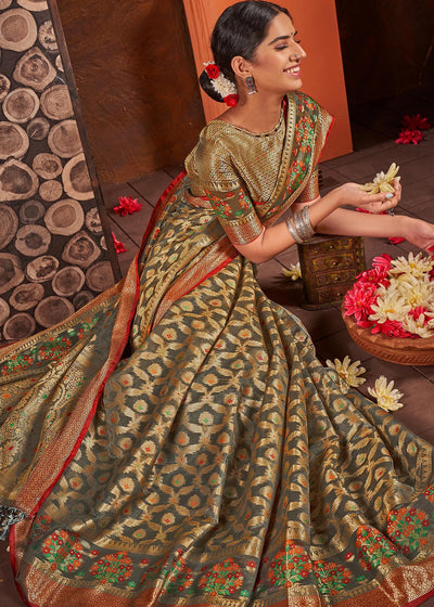 Indyancart GR Women's Rashmika Dovetail Grey Zari Woven Design Banarasi Organza Saree