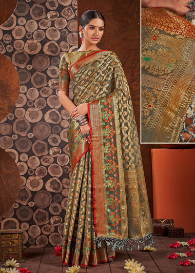 Indyancart GR Women's Rashmika Dovetail Grey Zari Woven Design Banarasi Organza Saree