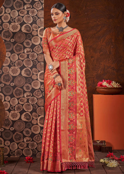 Indyancart GR Women's Rashmika Tart Red Zari Woven Design Banarasi Organza Saree
