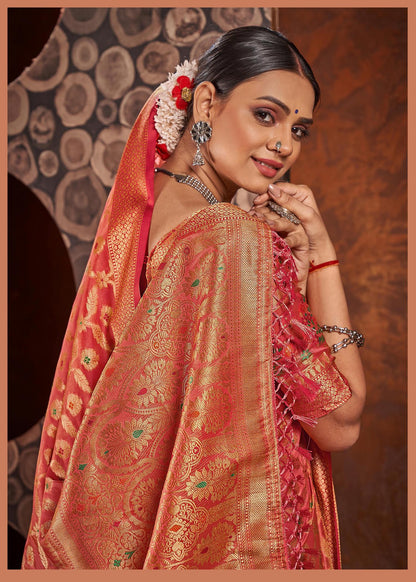 Dhiyona GR Women's Rashmika Tart Red Zari Woven Design Banarasi Organza Saree