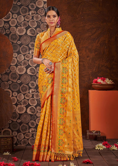 Indyancart GR Women's Rashmika Fire Yellow Zari Woven Design Banarasi Organza Saree
