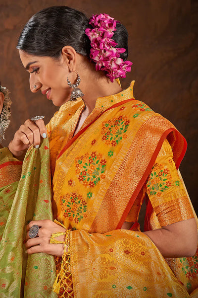 Indyancart GR Women's Rashmika Fire Yellow Zari Woven Design Banarasi Organza Saree