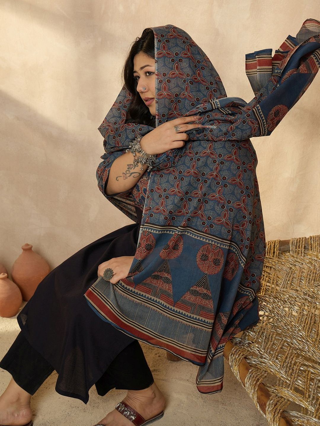 Indyancart Women's Ethnic Motifs Embroidered Regular Beads and Stones Kurta with Trousers & With Dupatta