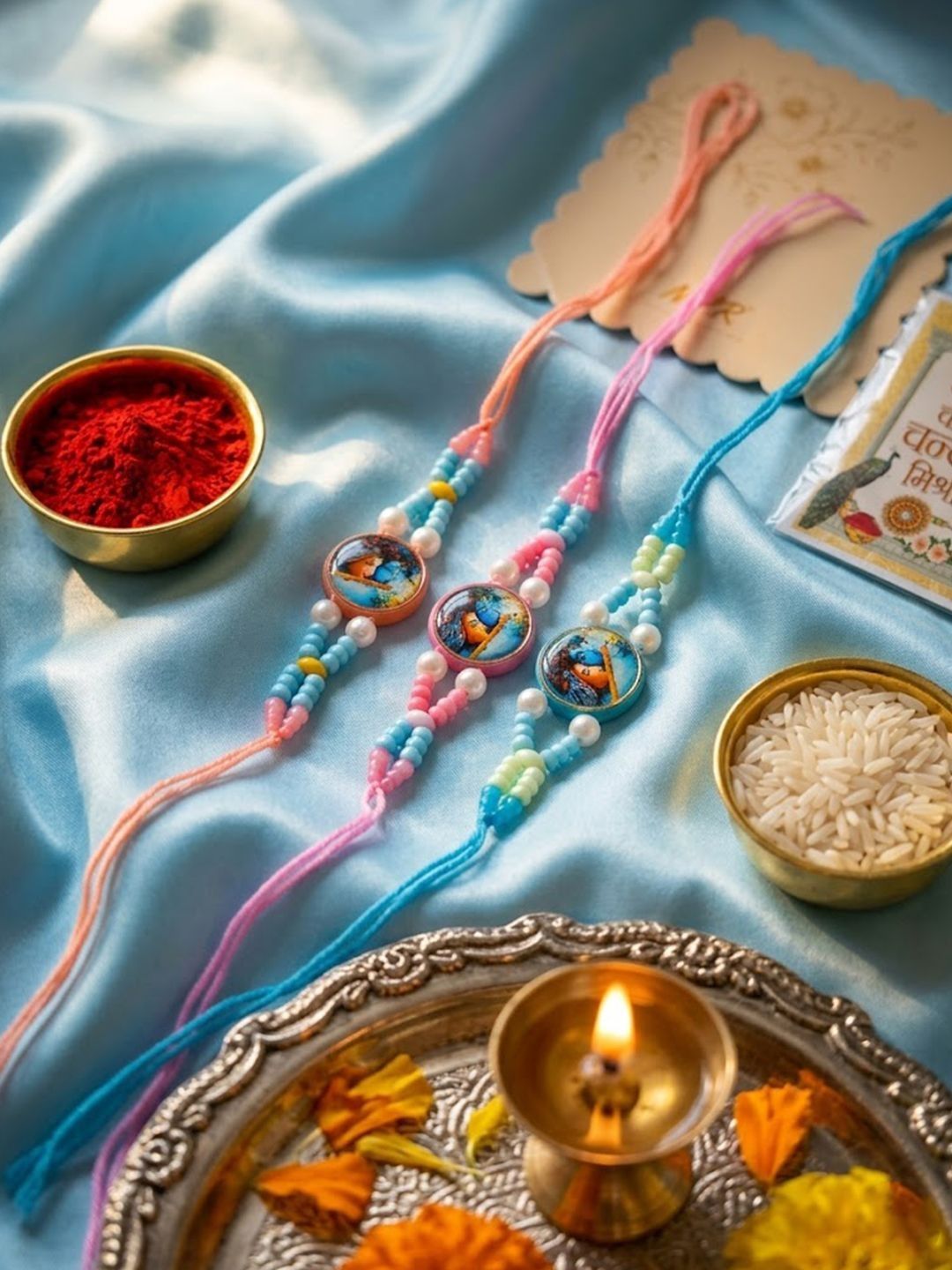 Anouk Set Of 3 Radha Krishna Thread Rakhi With Roli Chawal Chandan Mishri