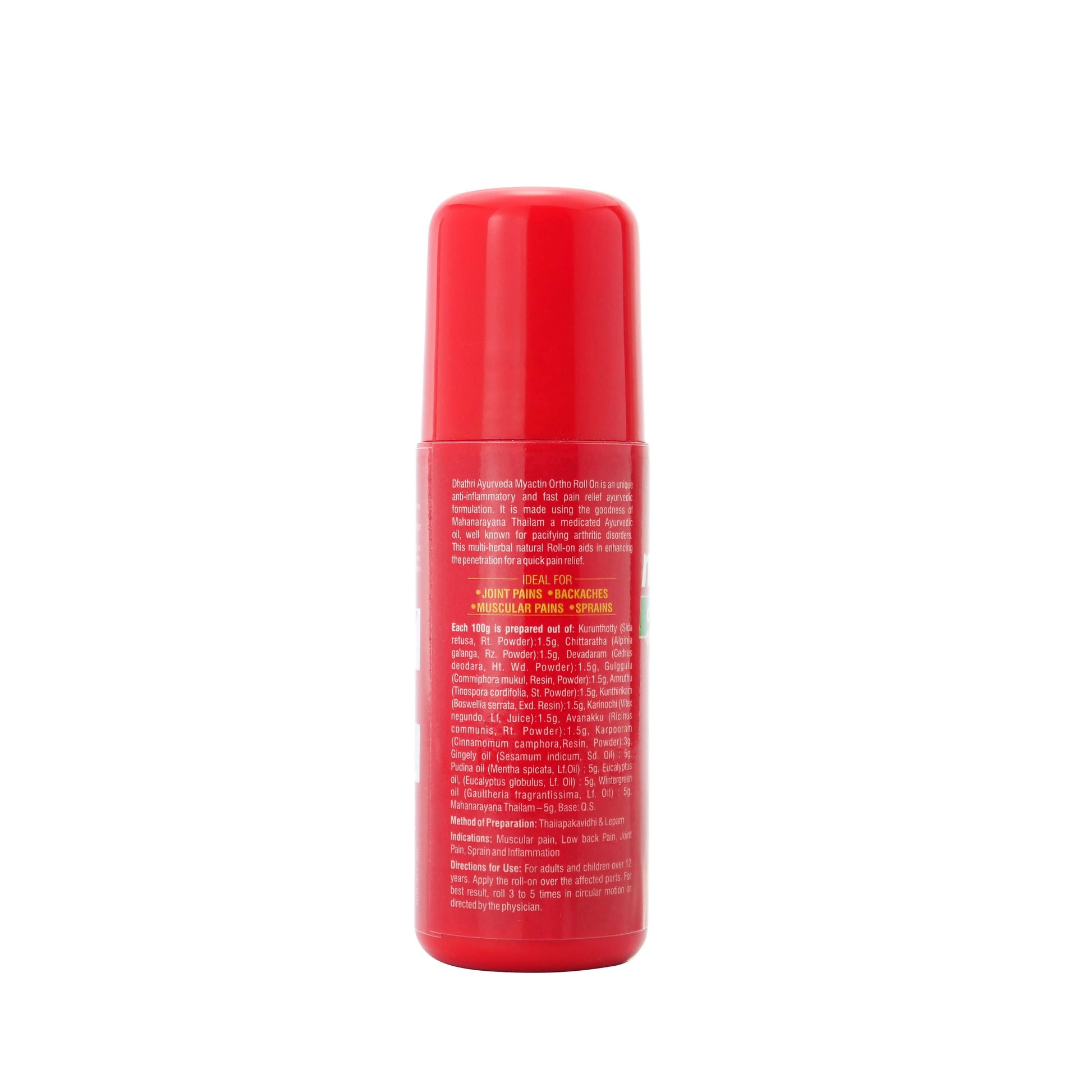 Dhathri Ayurveda Myactin Ortho Roll On for pain relief, featuring Ayurvedic ingredients in a portable roll-on applicator