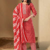 Indyancart IE Women Printed Regular Thread Work Pure Cotton Kurta with Trousers & With Dupatta