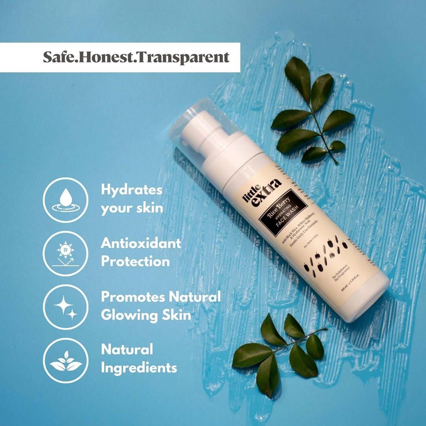Little Extra Rice Berry Face Wash bottle with label, showcasing a gentle cleanser for natural skincare.