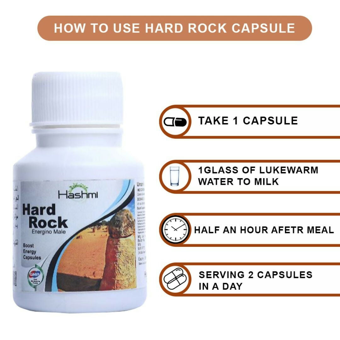 Hashmi Unani Hard Rock Capsules with natural ingredients like Ashwagandha, Safed Musli, and Gokshur in a clear container.