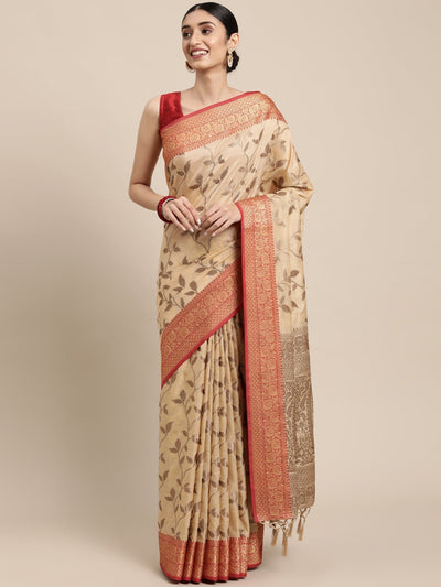Indyancart GR Women's Rewaa Bisque Beige Zari Woven Design Banarasi Pure Cotton Saree
