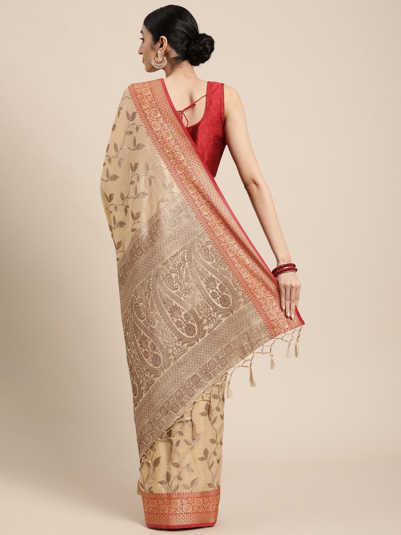 Dhiyona GR Women's Rewaa Bisque Beige Zari Woven Design Banarasi Pure Cotton Saree