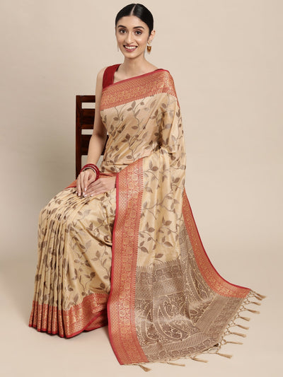 Indyancart GR Women's Rewaa Bisque Beige Zari Woven Design Banarasi Pure Cotton Saree