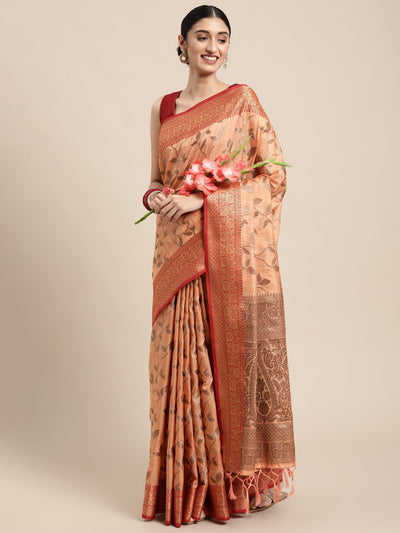 Indyancart GR Women's Rewaa Tangerine Orange Zari Woven Design Banarasi Pure Cotton Saree
