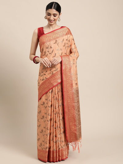 Indyancart GR Women's Rewaa Tangerine Orange Zari Woven Design Banarasi Pure Cotton Saree