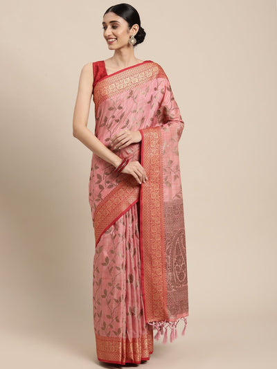 Indyancart GR Women's Rewaa Mauvelous Pink Zari Woven Design Banarasi Pure Cotton Saree