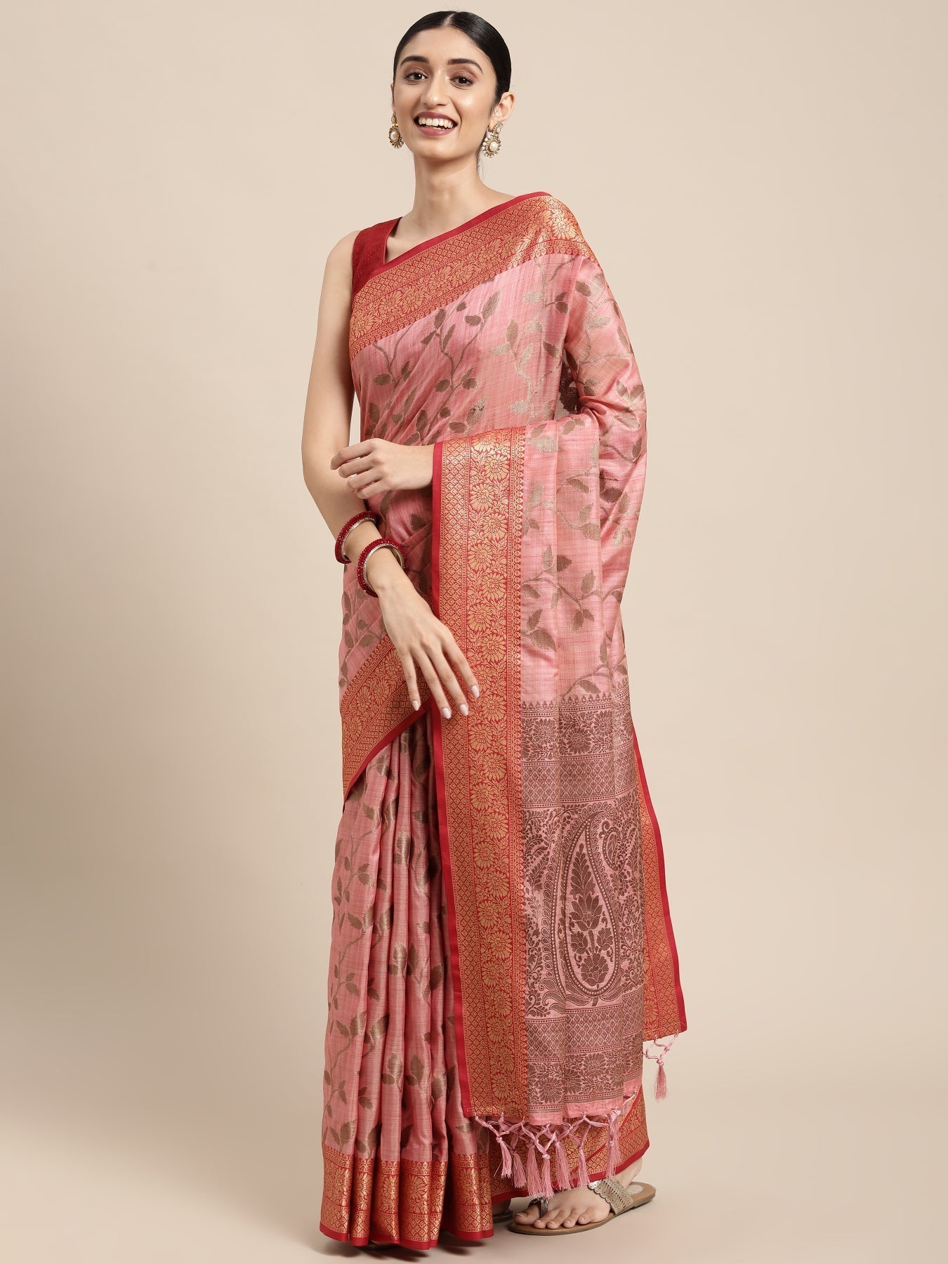 Dhiyona GR Women's Rewaa Mauvelous Pink Zari Woven Design Banarasi Pure Cotton Saree