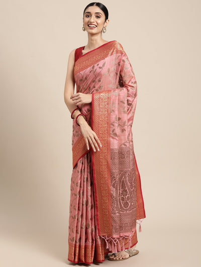 Indyancart GR Women's Rewaa Mauvelous Pink Zari Woven Design Banarasi Pure Cotton Saree
