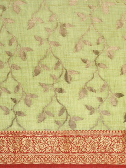 Dhiyona GR Women's Rewaa Kiwi Green Zari Woven Design Banarasi Pure Cotton Saree