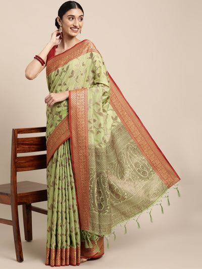 Indyancart GR Women's Rewaa Kiwi Green Zari Woven Design Banarasi Pure Cotton Saree