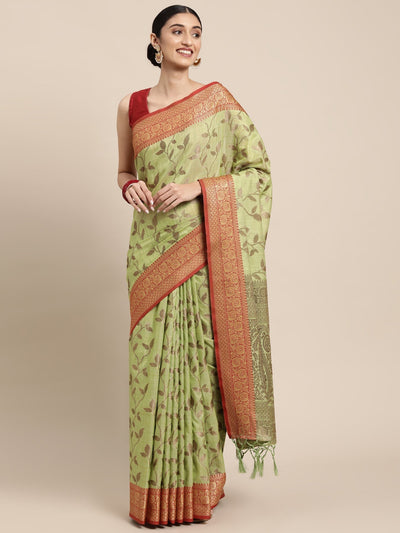 Indyancart GR Women's Rewaa Kiwi Green Zari Woven Design Banarasi Pure Cotton Saree