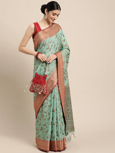 Indyancart GR Women's Rewaa Tiffany Blue Zari Woven Design Banarasi Pure Cotton Saree