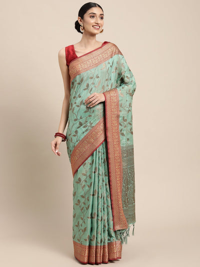 Indyancart GR Women's Rewaa Tiffany Blue Zari Woven Design Banarasi Pure Cotton Saree