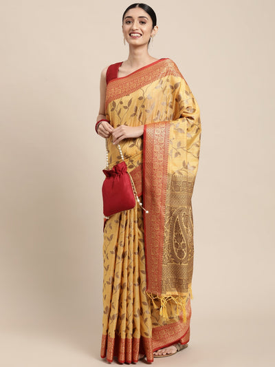 Indyancart GR Women's Rewaa Tuscan Sun Yellow Zari Woven Design Banarasi Pure Cotton Saree
