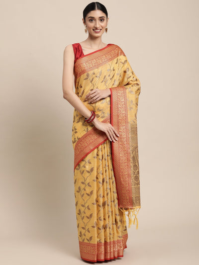 Indyancart GR Women's Rewaa Tuscan Sun Yellow Zari Woven Design Banarasi Pure Cotton Saree