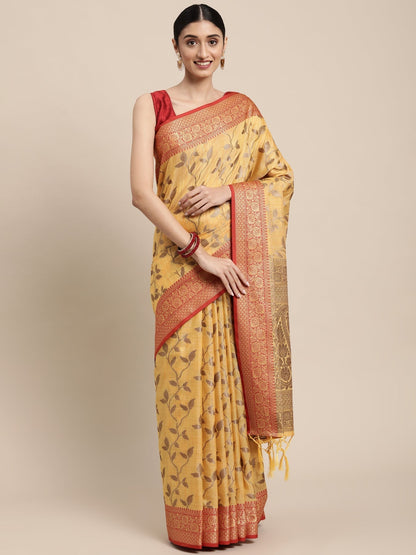 Dhiyona GR Women's Rewaa Tuscan Sun Yellow Zari Woven Design Banarasi Pure Cotton Saree
