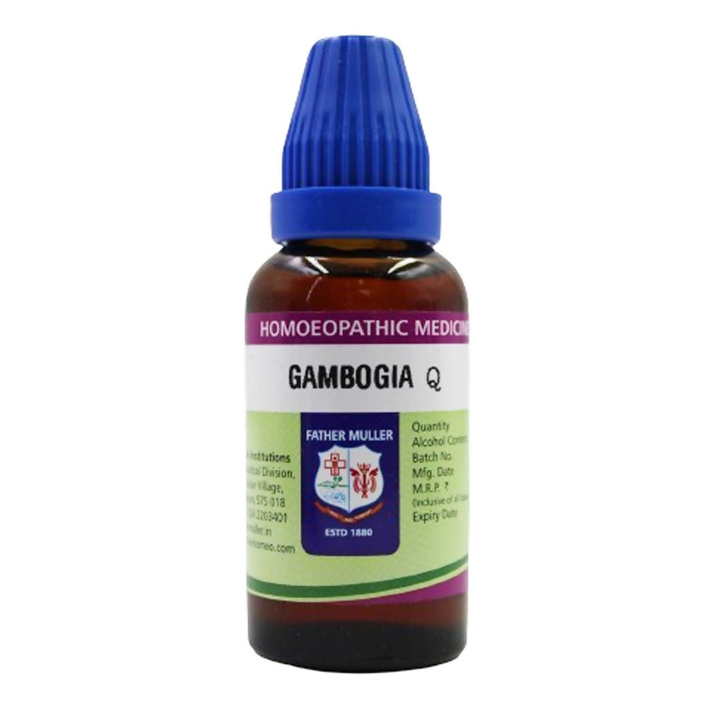 Father Muller Gambogia Mother Tincture Q bottle with label, clear glass container used for homeopathic remedy.