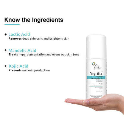Fixderma Nigrifix underarm lightening roll-on cream with 6% AHA, lactic, and mandelic acids brightens and exfoliates underarm skin.