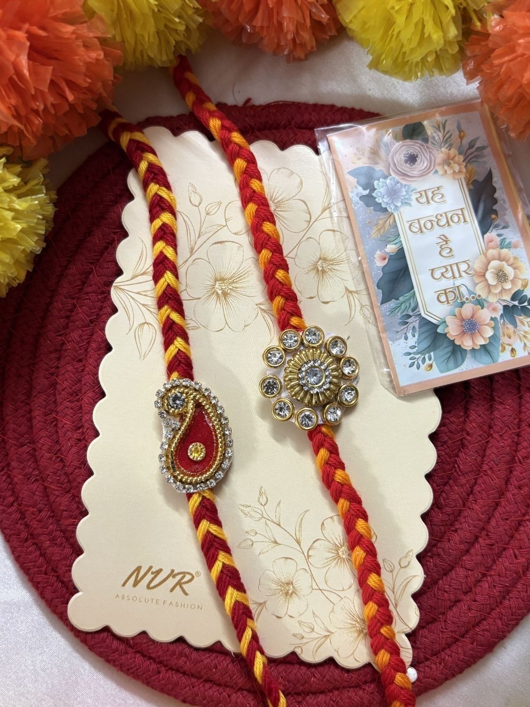 Anouk Set Of 2 Gold & Red Thread & Kundan Rakhi With Roli Chawal Chandan Mishri