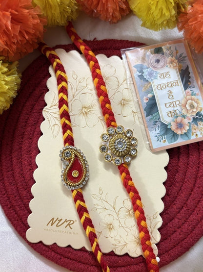 Anouk Set Of 2 Gold & Red Thread & Kundan Rakhi With Roli Chawal Chandan Mishri