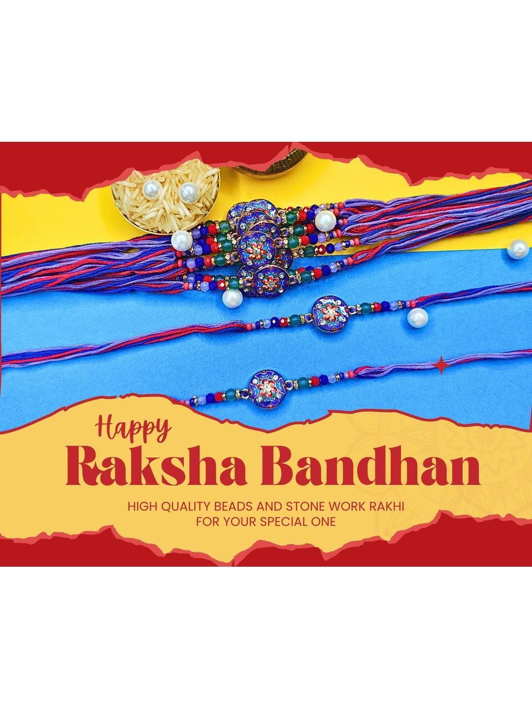 Anouk Set Of 12 Beaded Cotton Thread with AD Stones & Meenakari Designer Rakhi for Brother