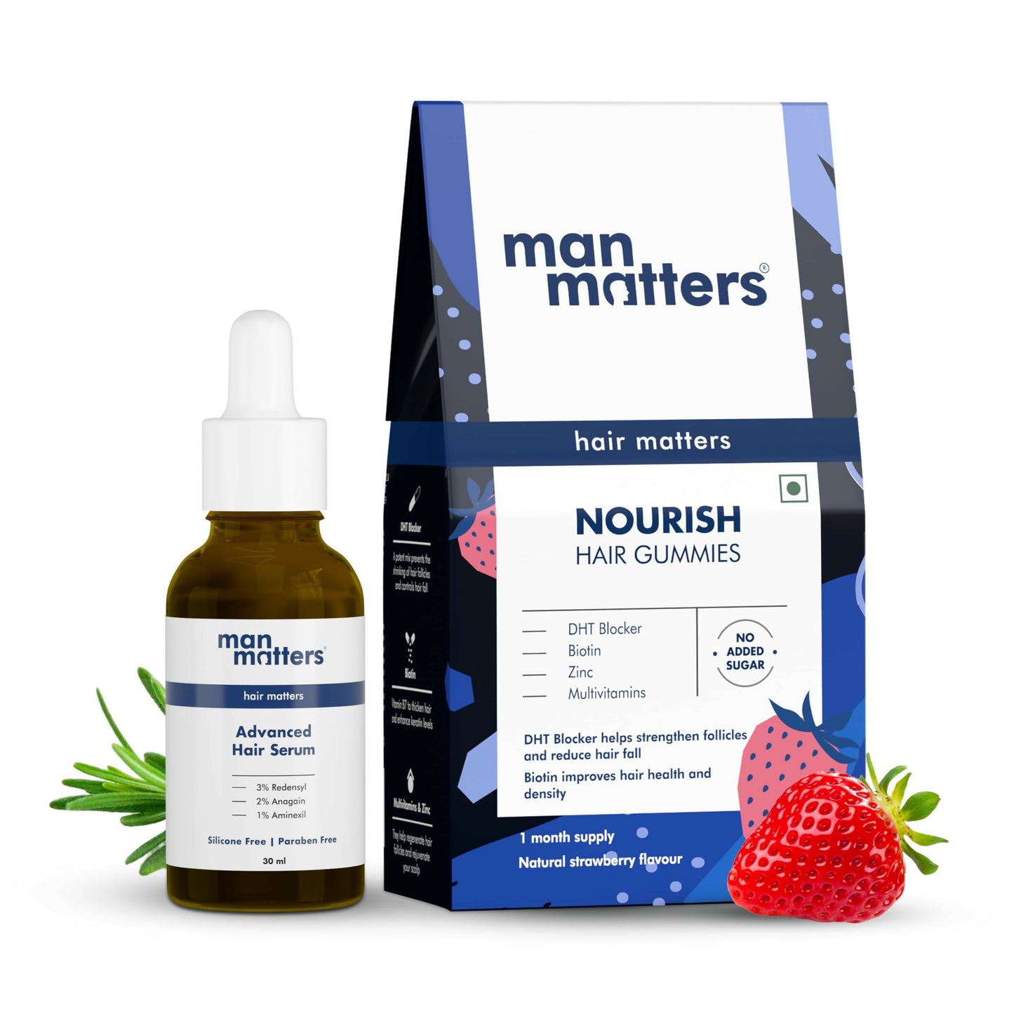 Man Matters Hair Growth Combo with biotin gummies and advanced hair serum, featuring bottles of hair serum and gummies in the image.