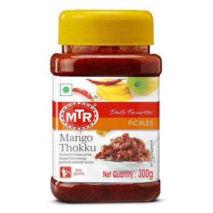 MTR Mango Thokku Pickle jar showcasing North Indian style mango pickle with vibrant orange color and traditional packaging.