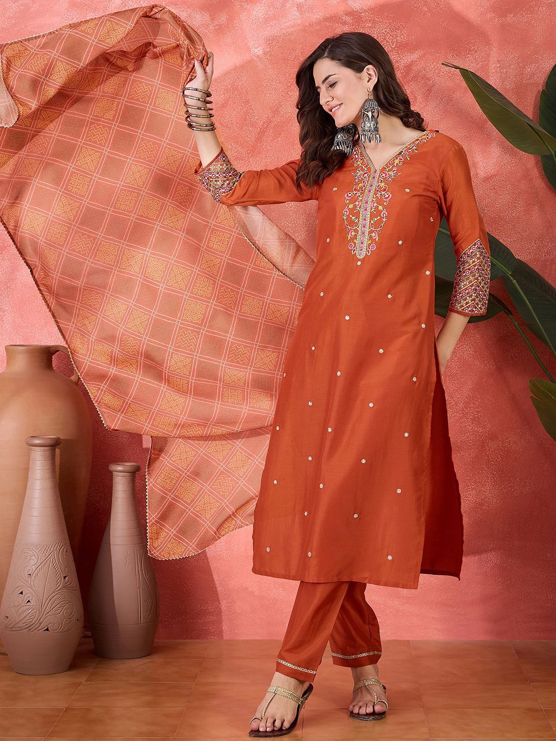 Indyancart SN Women's Floral Embroidered Kurta with Trousers & Dupatta