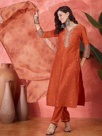 Indyancart SN Women's Floral Embroidered Kurta with Trousers & Dupatta