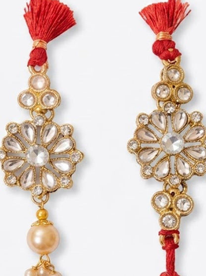 Anouk Set Of 2 Red Kundan Studded Floral Design Bhaiya Bhabhi Rakhi With Roli Chawal
